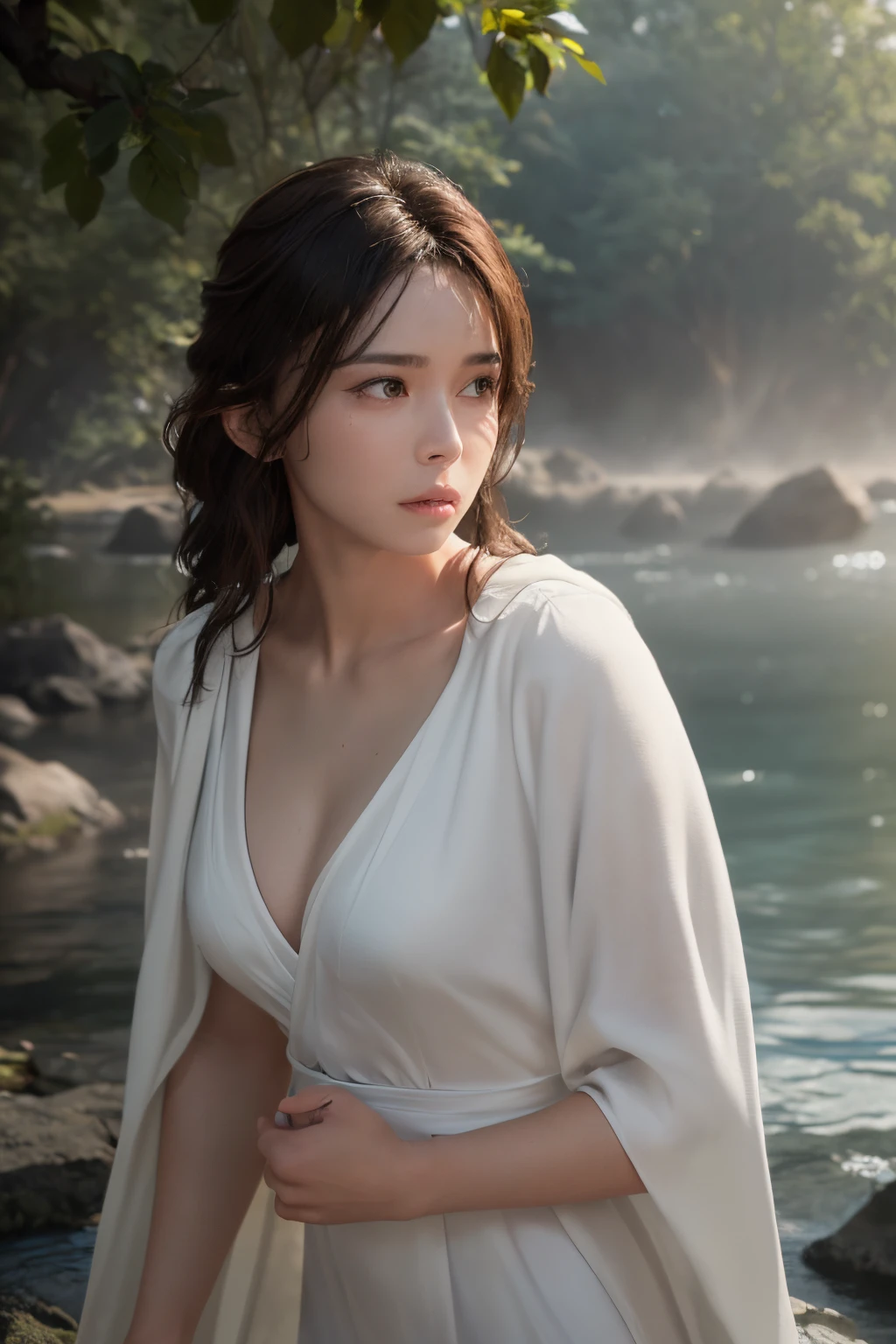 (8k, RAW photo, best quality, masterpiece:1.2), (realistic, photo-realistic:1.37), ultra-detailed, (high detailed skin:1.2), 8k uhd, dslr, soft lighting, high quality, film grain, Fujifilm XT3, professional lighting, photon mapping, radiosity, white robes moving in the wind, long white hair, fully clothed, perfect face, handsome, concept art, detailed face and body, award-winning photography, detailed face, backlight, ultrarealistic, ray tracing, intense gaze, looking at viewer, cinematic lighting, embers, fantasy, action pose, water splash, mist , RAW photo, 8k uhd, film grain,