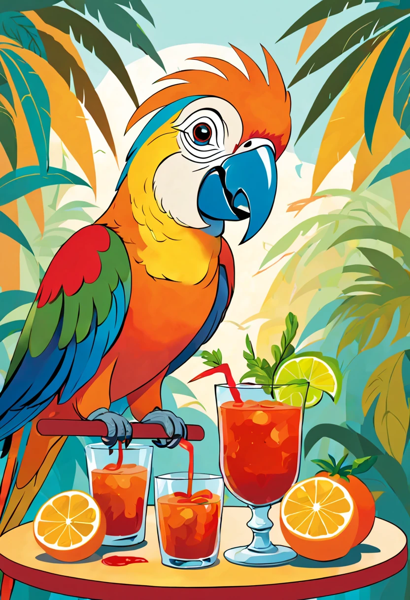 there is an very happy orange parrot sitting on a table with an bloody Mary, party in jungles, drinks are served, parrot, cartoonish drawing, Kandinsky style, in the Picasso style