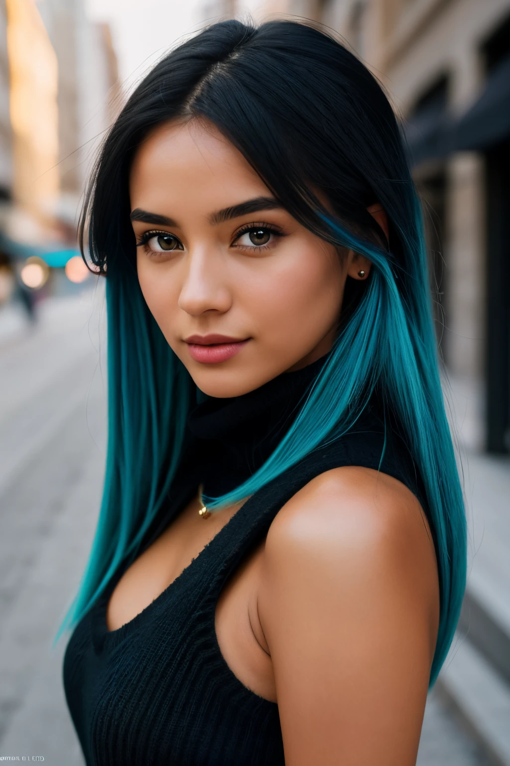 photo of (emikin:0.99), full body shot, full body portrait , can see legs in photo , legs, body a woman as a sexy TikTok influencer, cobalt hair, blue hair , teal hair , twintails, happy, wearing black dress, black turtle neck , black sweater, (extremely detailed CG unity 8k wallpaper), outdoors, night , darkness , city street, photo of the most beautiful artwork in the world, professional majestic (photography by Steve McCurry), 8k uhd, dslr, film grain, Fujifilm XT3 sharp focus, f 5.6, High Detail, Sharp focus, dramatic, Cleavage showing , (looking at viewer:1.2), (detailed pupils:1.3), (natural light), (seductive) , (masterpiece:1.3), (8k, photorealistic, RAW photo, best quality: 1.4), (1girl), beautiful face, (realistic face), beautiful hairstyle, realistic eyes, beautiful detailed eyes, (realistic skin), beautiful skin, (black sweater), absurdres, attractive, ultra high res, ultra realistic, highly detailed, golden ratio