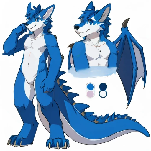Furry, solo, anthro, cub, young, male, blue dragon, yellow eyes, happy look, human cock, small cock, uncut cock, foreskin, balls, reference sheet, ass, Dandi