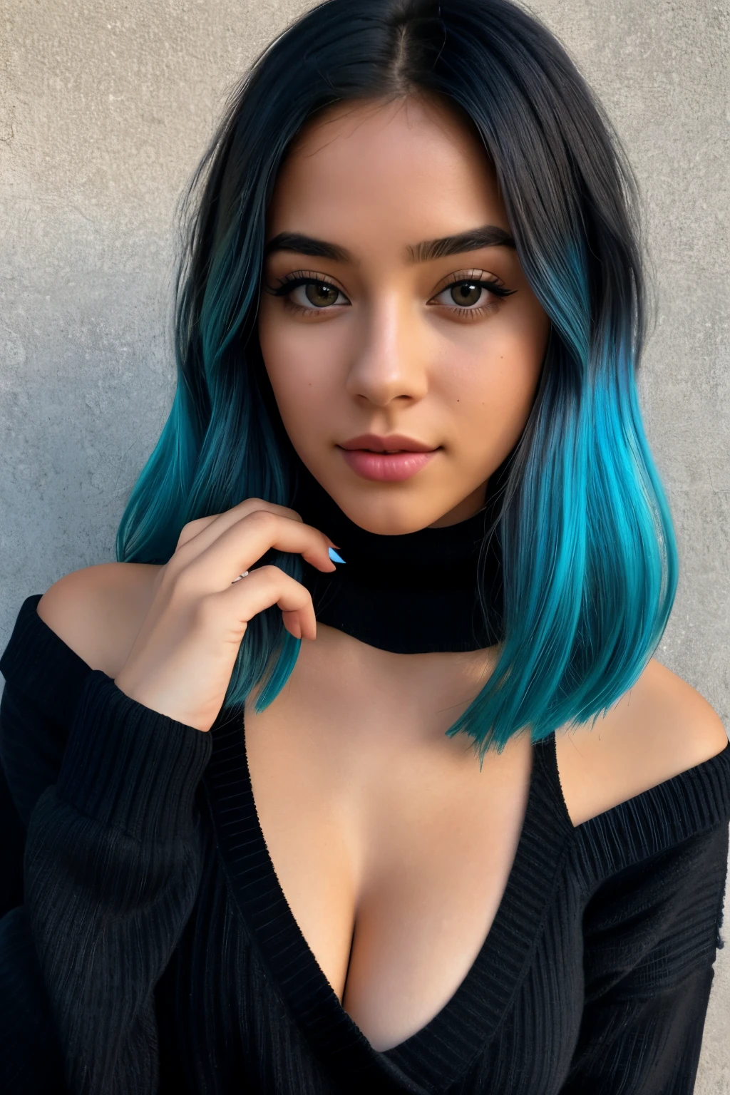 (blue hair:1.4), short hair, realistic green eyes, cobalt hair, long bob hair, tousled hair, shoulder length hair, Full body, woman with white skin and Asian features, 24 year old, big breast. She has a small, elegant nose with a slight upward curve at the tip. Her lips are full and naturally pink, with a well-defined Cupid's bow. Her teeth are straight and white, enhancing her captivating smile. Her face has an oval shape with high cheekbones that add to her model-like appearance. (crack), detailed (texture!, shine, color!!, flaws: 1.1), highly detailed glowing eyes, (looking at camera), specular light, dslr, extreme quality, crystal clear, cute face, detailed skin pores, oil Dark skin, brown, complex eye details, she is far from the camera, A full-body portrait, captured from a distance. Dynamic Frame, 8K, masterpiece, best quality, (photorealistic:1.4), (grey sweater:1.1), (gray midi midi pencil skirt:1.2), (black delicate delicate tights:1.2) heels, in the New York Central Park, sunny day,, cinematic light, beautiful woman, skinny, large big breasts, straight blond hair, detailed face, smile, facing the camera, photo taken from a distance, (short hair:1.3).
