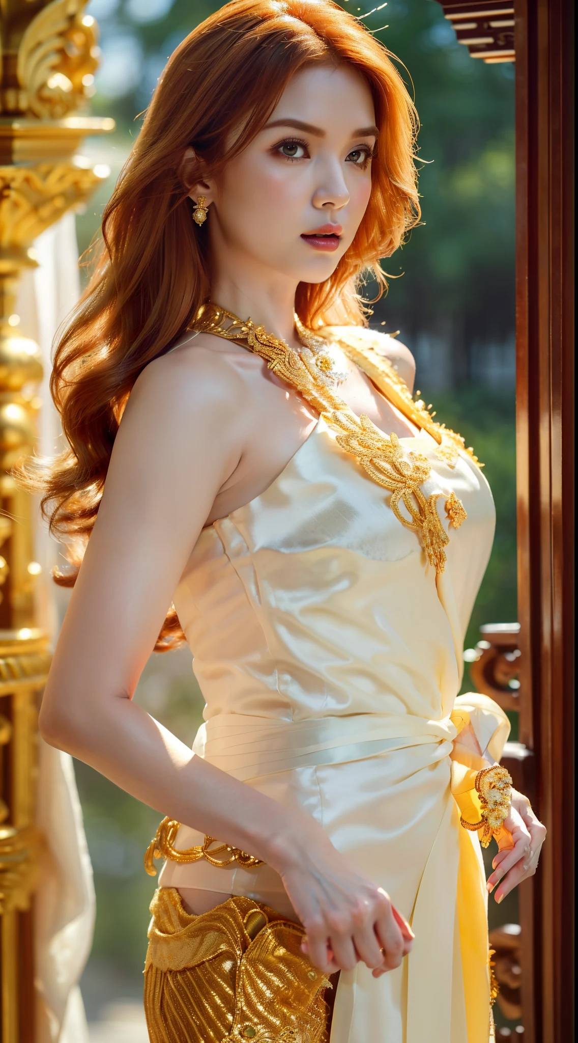 Photorealistic Production, (One Person), (Realistic Image of a 25 Years Old British Female Model), (Shoulder-level Wavy Ginger Hair:1.6), (Athletic Body Builds:1.4), (Pale Skin:1.4), (Wearing a White Ornated Kebaya Dress with Silk Cloth and Golden Jeweleries:1.6), (Serious Face), (Deep Cleavage), (Elegant Pose:1.6), Centered, (Waist-up Shot:1.4), From Front Shot, Insane Details, Intricate Face Detail, Intricate Hand Details, Cinematic Shot and Lighting, Realistic Colors, Masterpiece, Sharp Focus, Ultra Detailed, Taken with DSLR camera, Realistic Photography, Depth of Field, Incredibly Realistic Environment and Scene, Master Composition and Cinematography