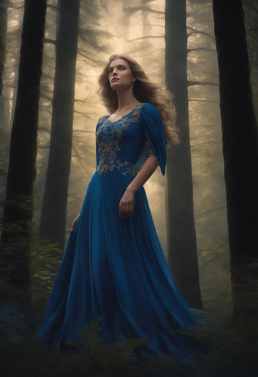 masterpiece, best quality, marianne_timeskip, blue dress, capelet, dark alpine forest, standing, night, looking up, upper body, detailed face