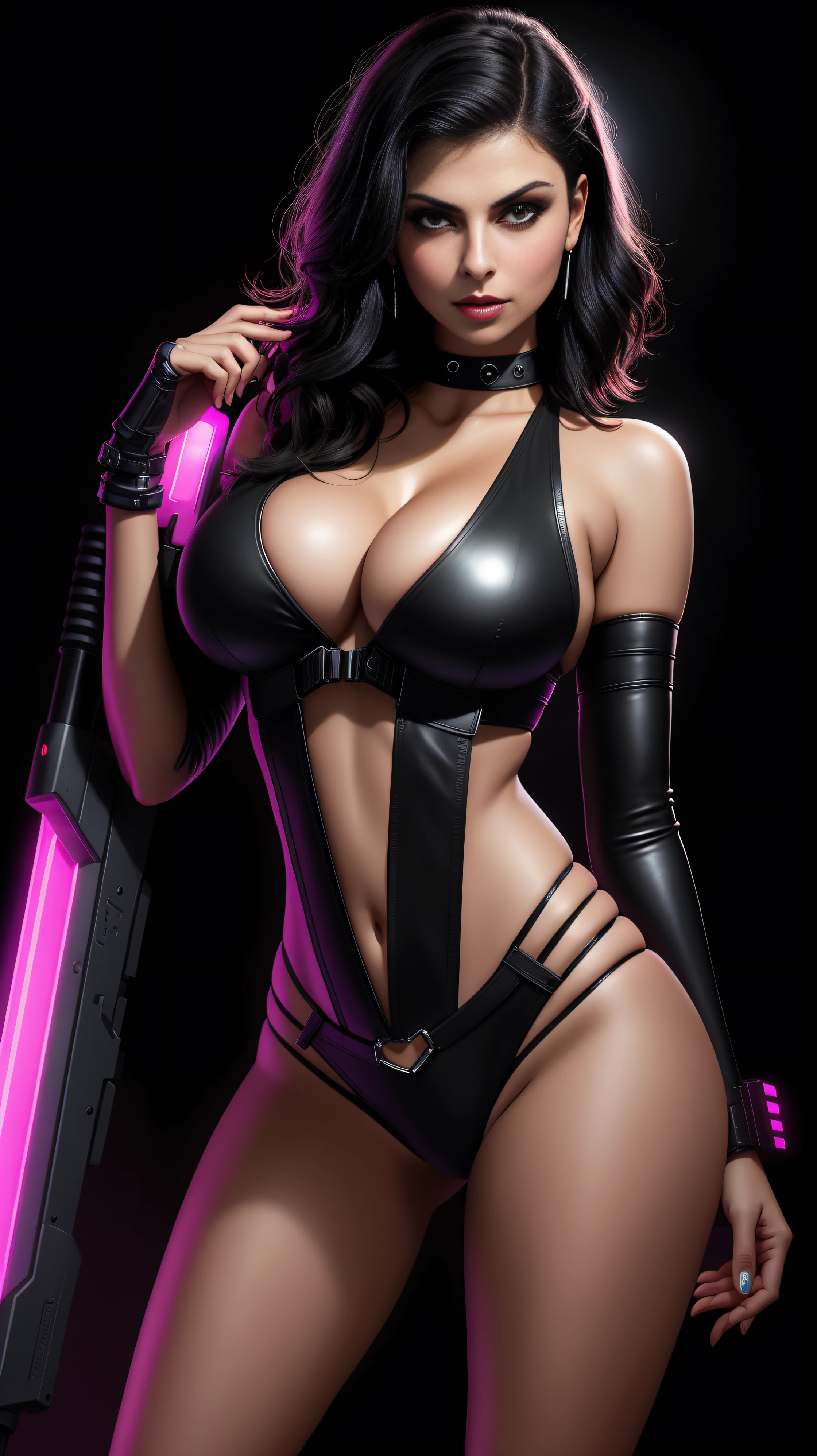 there is Morena Baccarin standing, 3 d neon art of a womans body, neon-noir background, cyberpunk femme fatale, seductive cyberpunk dark fantasy, cyberpunk strip clubs, cyberpunk 20 y. o model girl, oppai cyberpunk, banner, high definition cgsociety, cgsociety masterpiece, trending on cgstation, kda, random hair, looking at camera, gigantic breasts, cleavage, (high detailed skin:1.2), 8k uhd, dslr, super lighting, high quality, film grain, high res, highly detailed, hyper realistic, beautiful face, beautiful body, beautiful eyes nose lips, alluring expression, very bold, upper boobs visible, full body photo, standing legs apart, pale translucent glowing skin, most beautiful face, cute, (well defined pubic hair:1.2)), (dark plain black background:1.4))