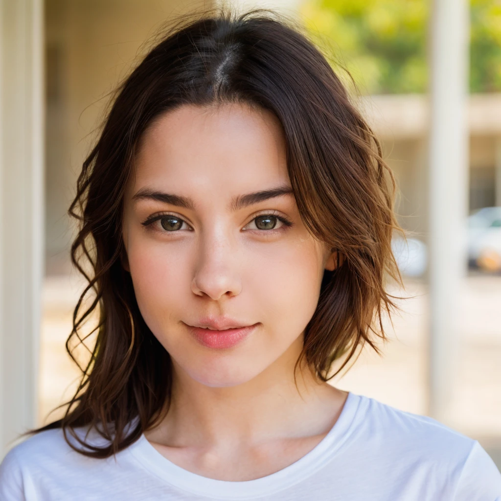 photorealistic portrait, a 25 year old American girl, looking at the camera, wearing a white t shirt, soft natural sunlight kisses her flawless skin, highlighting her radiant hazel eyes and subtile, elegant features, The detailed depiction captures her vibrant essence, inviting the viewer into her world, the art work resonates with authenticity and captures the essence of her confident yet approachable demeanor.