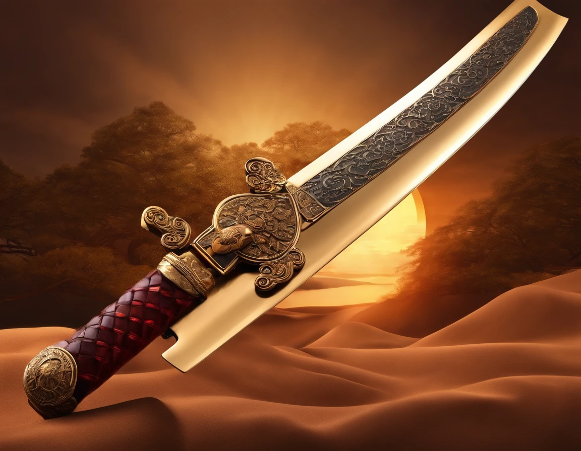 An exquisite and ornate katana, sun background