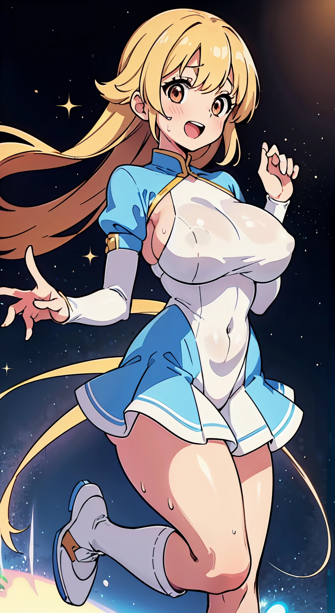 hiquality、16 K、Huge breasts,Parted bangs hair, :D, blush,Long hair, Brown eyes,Golden head hair,adult woman,Sweat,,white glove,OL、(((I'm surprised)))、highleg leotard,White and light blue leotard、Light blue mini skirt、Electronic space、Jumping、