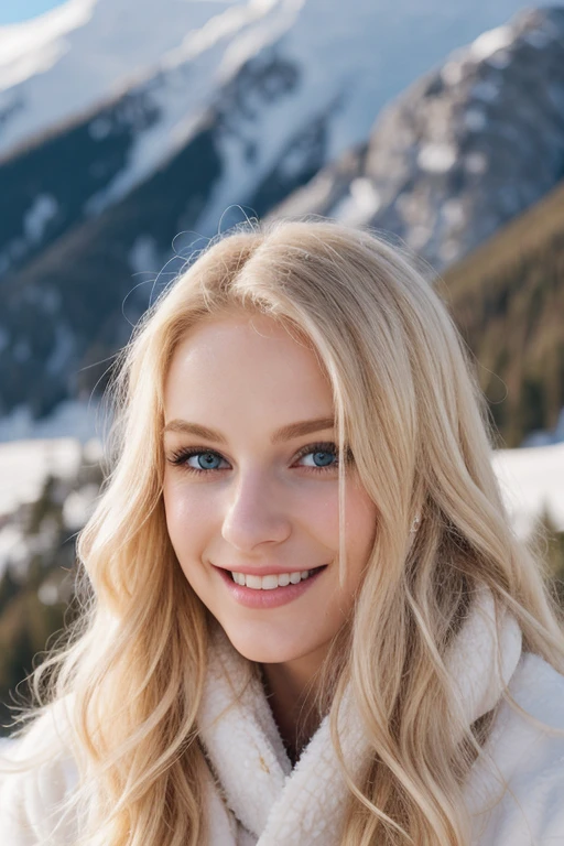 a very beautiful blond woman, 27 years old,wearing winter dressed, very long wavy blond hair,mountain, snow,view, charming smile, flirty, photograpy,bes quality, ultra high resolution,original photo,pastel colors,ultra high image quality