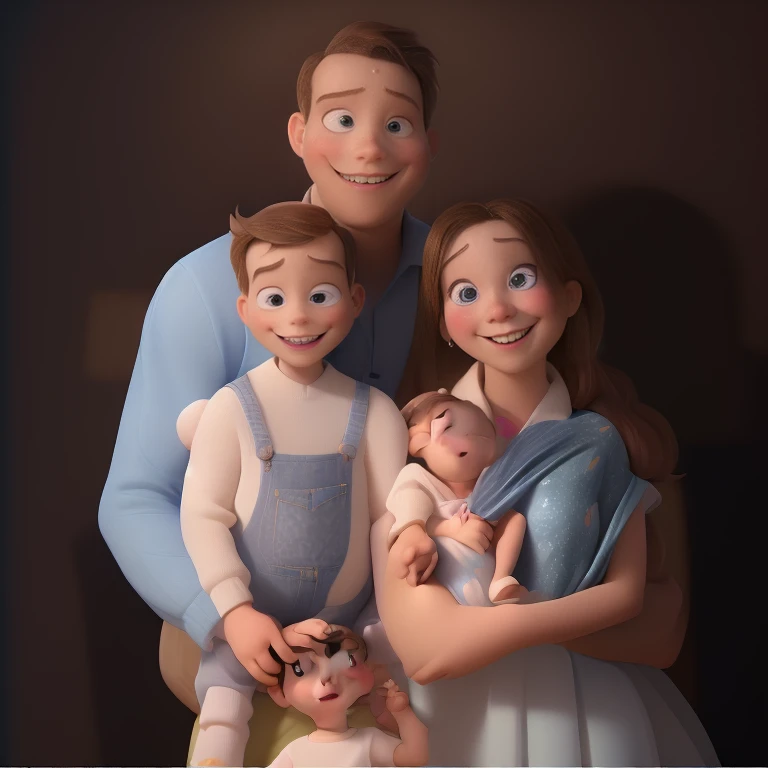 The photo depicts a happy family indoors, with a man and a woman posing with their two children, one of whom is a new . The family members are smiling and appear to be happy. Resulted image should depict in disney pixar style