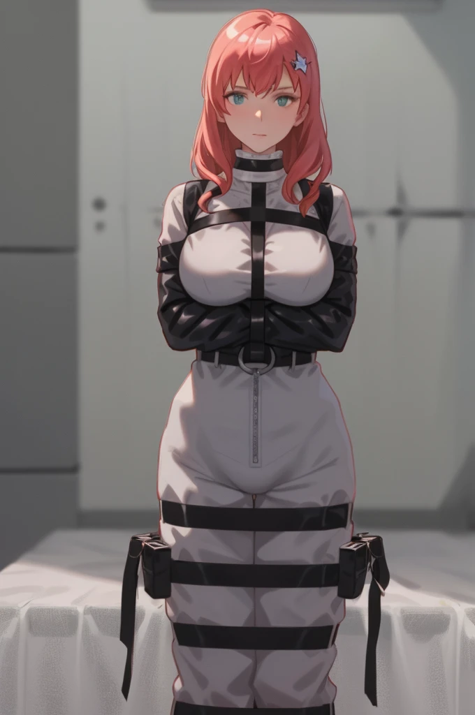 milf, folded arms, fidden hands, hidden fingers, harness bondage, straps {belt}, prison cell,