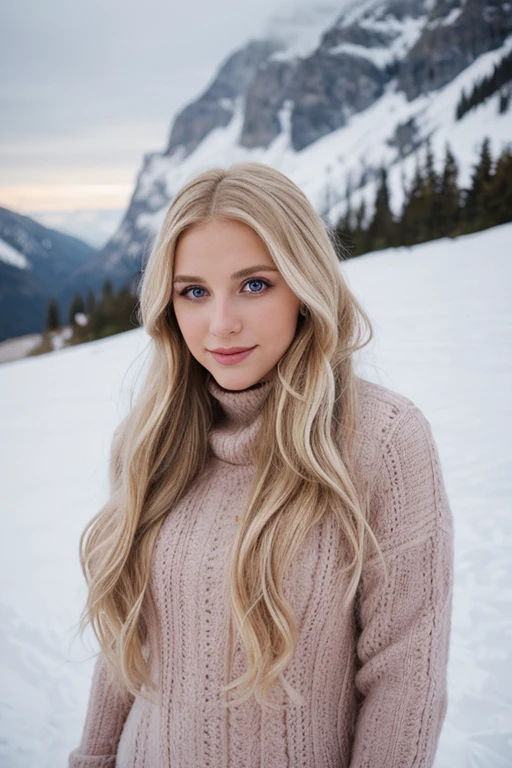 a very beautiful blond woman, 27 years old,wearing winter dressed, very long wavy blond hair,mountain, snow,viewflirty, photograpy,best quality, ultra high resolution,original photo,pastel colors,ultra high image quality