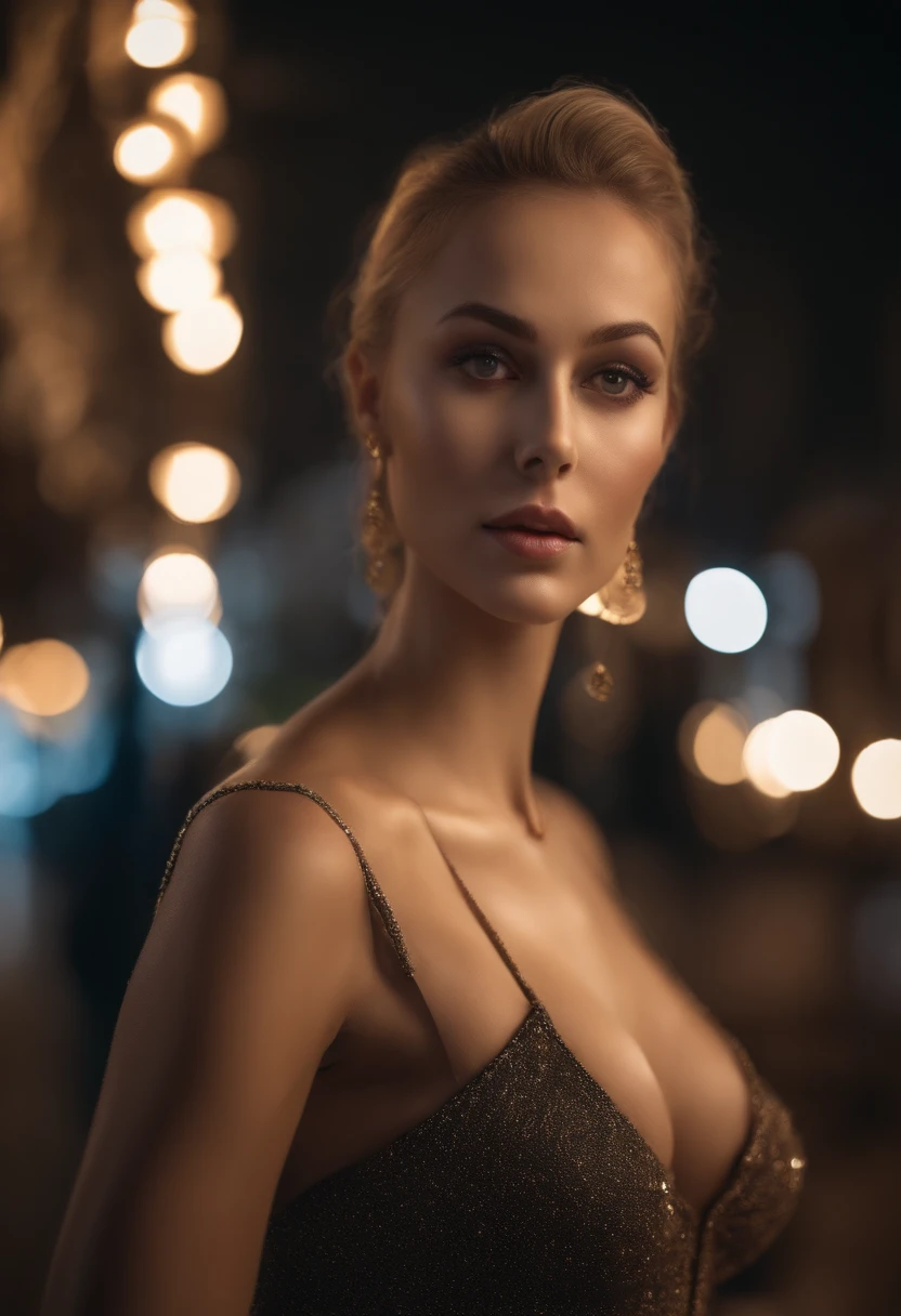 8k, masterpiece, RAW photo, en iyi kalite, fotorealistik, highly detailed CG unity 8k wallpaper, depth of field, Cinematic light, lens flaresi, ray tracing, (an extremely beautiful face, beautiful lips, Beautiful eyes), Face with intricate detail, (ultra-detailed skin), 1 girl, Dark, in deep shadows, beautiful ukranian girl, Ukranian model, 1 erkek, (a very fit and muscular body:1.3), (looking at the audience), (A GREAT TENACIOUS LOOK:1.3), (kolsuz), (Fashion City by Night, dark night, neon tabelalar, Blurred background), moda sokak gece, (arkada insan olmadan:1.3), beautiful earrings, bilezikler, kolye, pantyhose, clear eyes, Walking, (solgun ten), (big eyes), face forward, (upper body shot), (ipek renkli bir elbise:1.3), (blonde hair), (dar ve dantelli bir elbise), (saydam), (looking at the audience:1.3) open chest, very thin, medium-sized breasts, Don't turn your back, (Rear shot), saydam, Buttocks of medium size,. No shirt