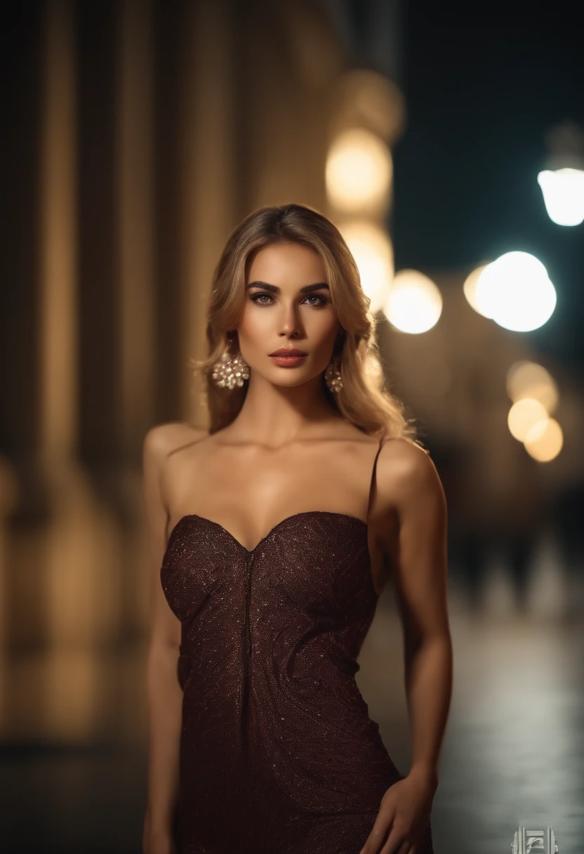 8k, masterpiece, RAW photo, en iyi kalite, fotorealistik, highly detailed CG unity 8k wallpaper, depth of field, Cinematic light, lens flaresi, ray tracing, (an extremely beautiful face, beautiful lips, Beautiful eyes), Face with intricate detail, (ultra-detailed skin), 1 girl, Dark, in deep shadows, beautiful ukranian girl, Ukranian model, 1 erkek, (a very fit and muscular body:1.3), (looking at the audience), (A GREAT TENACIOUS LOOK:1.3), (kolsuz), (Fashion City by Night, dark night, neon tabelalar, Blurred background), moda sokak gece, (arkada insan olmadan:1.3), beautiful earrings, bilezikler, kolye, pantyhose, clear eyes, Walking, (solgun ten), (big eyes), face forward, (upper body shot), (ipek renkli bir elbise:1.3), (blonde hair), (dar ve dantelli bir elbise), (saydam), (looking at the audience:1.3) open chest, very thin, medium-sized breasts, Don't turn your back, (Rear shot), saydam, Buttocks of medium size,. No shirt