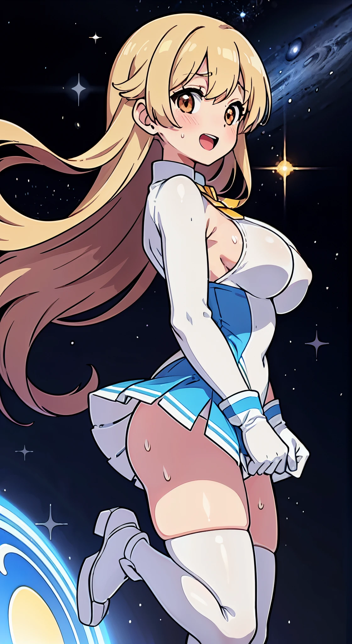 hiquality、16 K、Huge breasts,Parted bangs hair, :D, blush,Long hair, Brown eyes,Golden head hair,adult woman,Sweat,,white glove,OL、(((I'm surprised)))、highleg leotard,White and light blue leotard、Light blue mini skirt、Electronic space、Jumping、