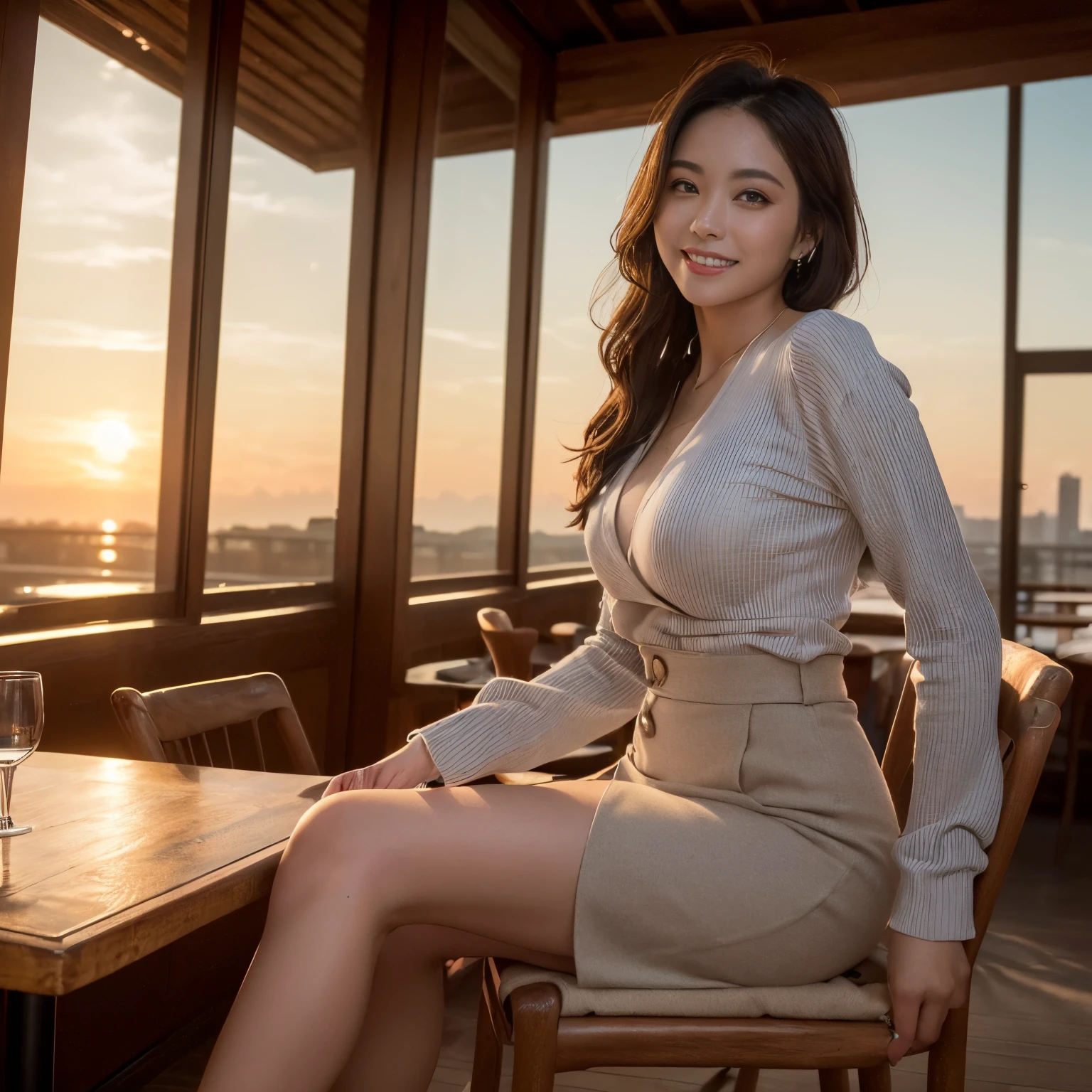 ((top-quality、masutepiece、8K、Top image quality、Hyper-Realism))、(1 photo:1.5)、(Beauty 1 person)、A cafe with a stylish observation terrace、Sit in a classy chair、Fantastic sunset、Brilliant sunset、spectacular movie lighting、(cowboy shot:1.2)、Look at me and smile、luxury tops、luxurious skirt、(perfect anatomia:1.3)
