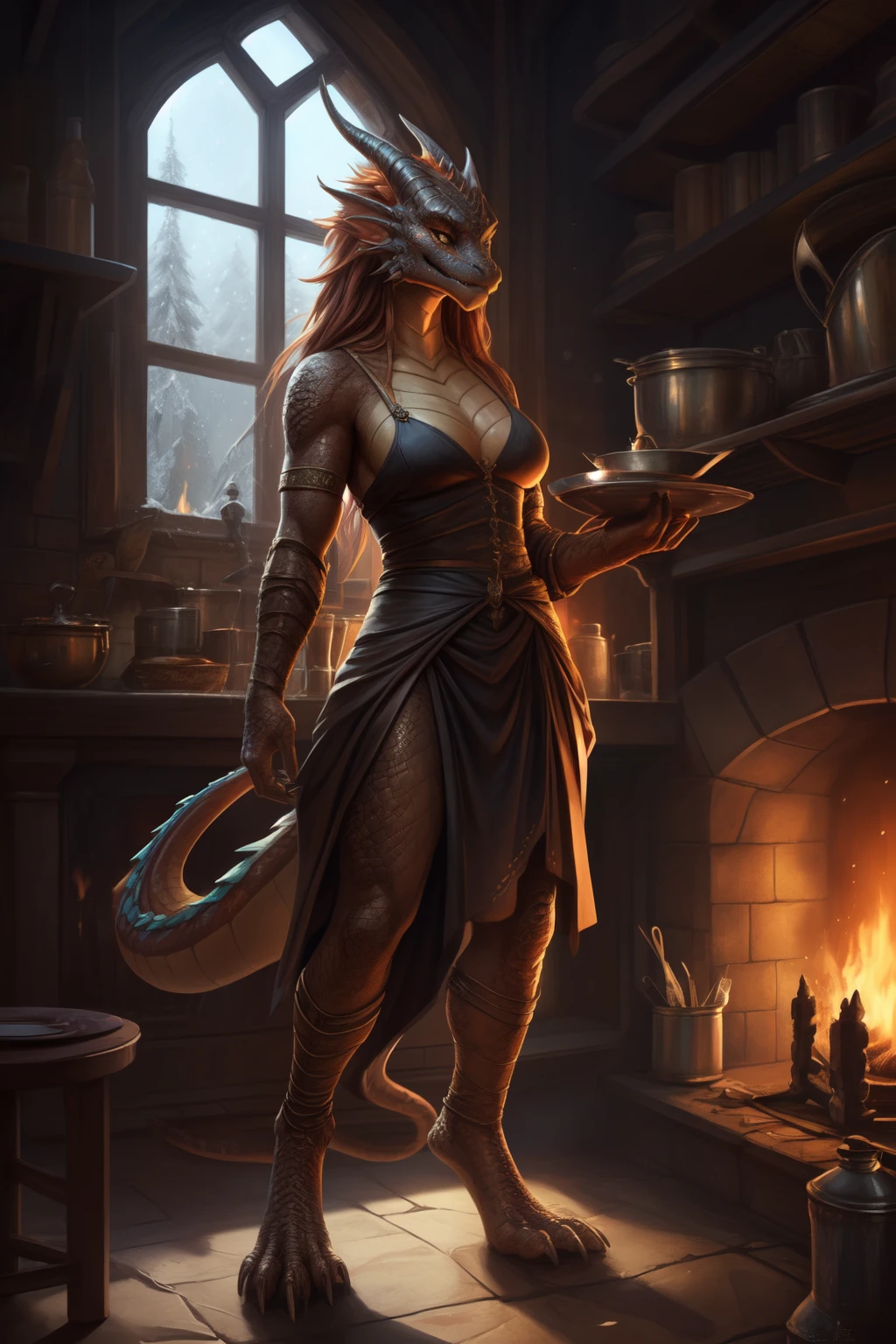 uploaded on e621, by Pixelsketcher, by Bayard Wu, by Thomas Benjamin Kennington , by Einshelm, solo anthro, ((full length, General plan)), BREAK, ((concentration)), (detailed Bonifasko lighting), (Detailed scales), (detailed skin), (Colorful Dragon, Colorful Dragon, Colorful Dragon), BREAK, ((Dragon's hiss)), ((NSFW)), ((Long, Graceful multi-colored tail)), (flowing ginger hair)), ((Detailed background)), ((in full height)), (((Type of faces))), (half body shadow), [Backlighting], [crepuscular ray], [Detailed ambient light], [gray natural lighting], [Ambient light], (A higher level of detail in the kitchen of a medieval tavern), [explict content], [sharp-focus], (Questionable content), (shaded), ((Masterpiece), hiss, With their own hands;, flowing long hair, Chest of medium scales, Fluffy multi-colored dragon, Dragon Face, furry fantasy art, Furry art, commission for high res, anthro art, Art,Sakimichan is beautiful, Masterpiece, Best Quality, Detailed image, Bright colors, Detailed Face, perfect  lighting, Perfect shadows, Perfect eyes, focus on girl, dragon eyes, flawless face, (( Graceful multi-colored tail)) dragon, light skin, Dragon Girl, scalie, Scaly Women, Dragon's nose, Large long muzzle, Multi-colored scales, gaze at the viewer, half closed eyes, 独奏, (Masterpiece), (Best Quality), (illustartion), Long hair, Detailed scales, Balanced coloring, Global Illumination, Ray Tracing, good lighting, scales, anthro, Showing breasts, cleavage, looking a viewer, seductive gaze, NSFW, Medieval dress, ((Medieval cuisine, Cooking, delicious food, The character is cooking)),((fire in the hearth, fireplace, Warm lighting)), ((winter in the window, Falling snow))