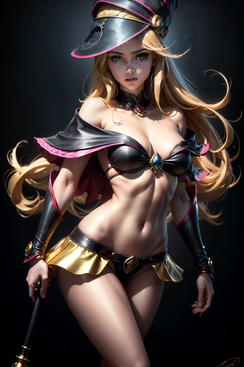 (8k,fotorrealista　Raw photography　highest qualityr;1.4) 　(1chica en)　super beauty　(cara realista)　cuerpo femenino 　(Rubia de rizos largos)　Hold a black and red magic wand　Escena de combate　Magic hat with black and gold exterior　Beautiful expression　Deslumbramiento　(Piel de aspecto real)　(Giles magos oscuros)　Tentador　超A high resolution　Un hiperrealista　Alto detalle　foto de cuerpo completo　restos