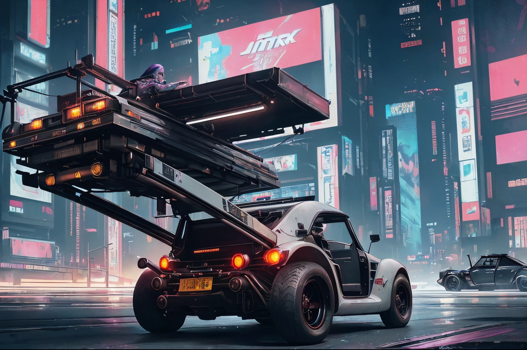 (at late night:1.3), , (detailed beautiful skin textures, detailed beautiful face, ultra detailed clothing textures), , (Cyberpunk:1.4), , (an ultra detailedfour-wheeled and long bonnet tuk-tuk with load on roof carrier and eear loading platform with luggage on it and letter-tyres), , (3/4 front view, The car is in the center of the frame), , (at parking area, at ultra detailed Night City of Cyberpunk), (All cars are classic cars with cyberpunk custumed), , (softlighting), , (masterpiece, best quality:1.4, 8k, ultra detailed, illustration, distinct_image, intricate_details, delicate illustration), (realistic:0.15),