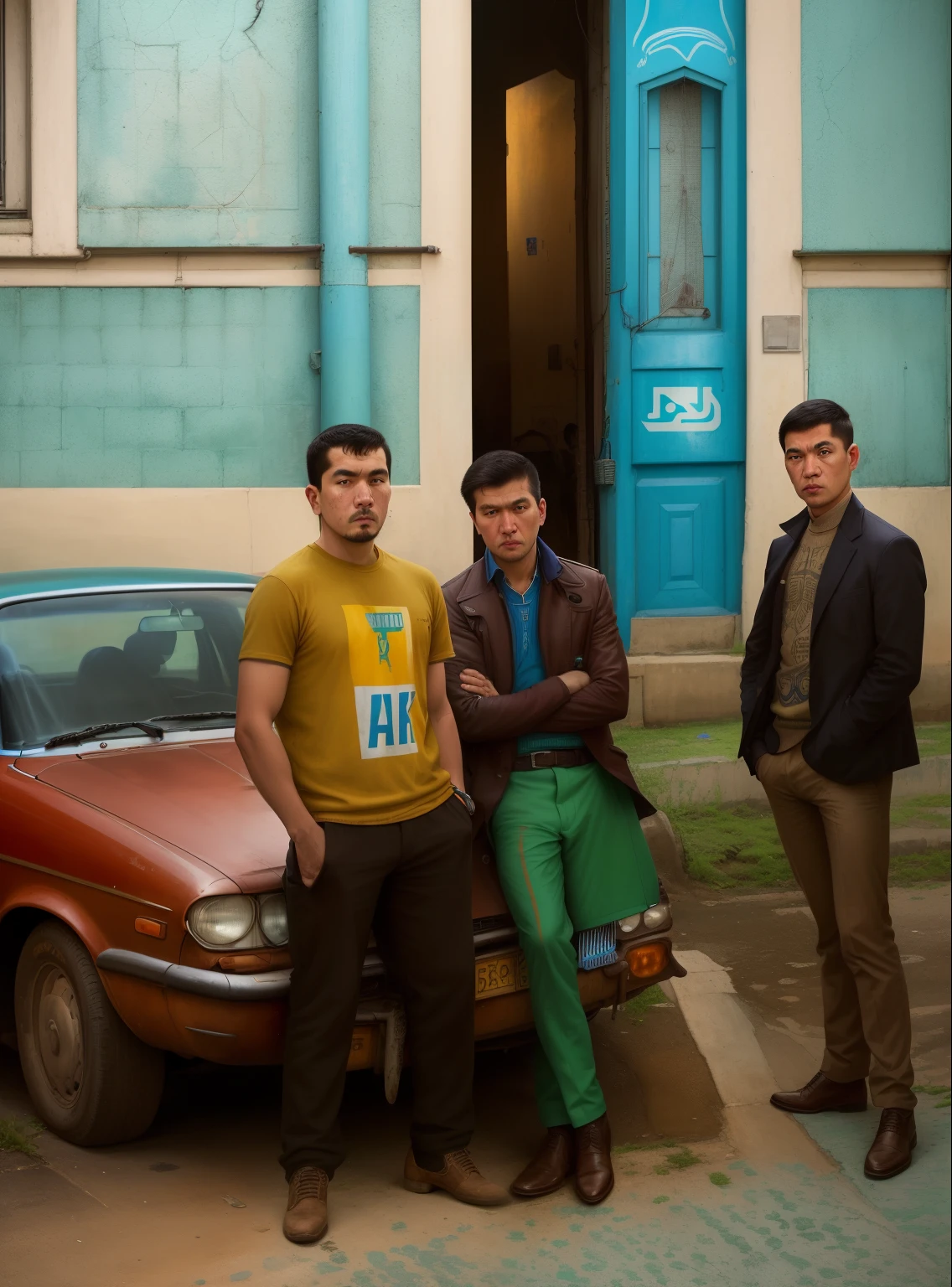 three men of Uzbek nationality stand next to a car in front of the building, street photography, exteriors, in front of a garage, on a city street, Promotional Frame, post grunge, Samuel Silva, exteriors, an album cover!, postprocessed, by Nándor Katona, exteriors, based on Antonio Parreiras