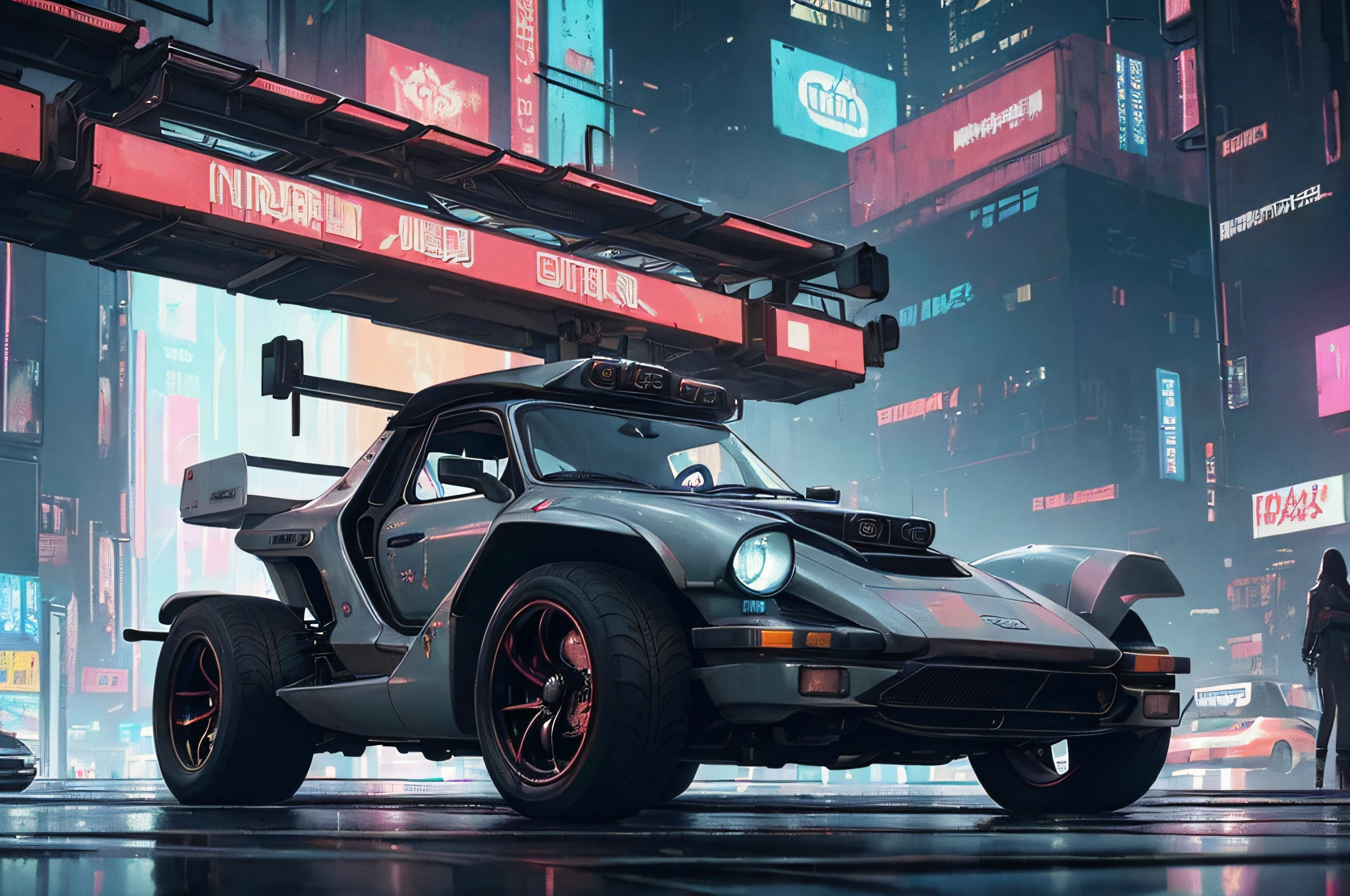(at late night:1.3), , (detailed beautiful skin textures, detailed beautiful face, ultra detailed clothing textures), , (Cyberpunk:1.4), , (an ultra detailedfour-wheeled and long bonnet tuk-tuk with load on roof carrier and eear loading platform with luggage on it and letter-tyres), , (3/4 front view, The car is in the center of the frame), , (at parking area, at ultra detailed Night City of Cyberpunk), (All cars are classic cars with cyberpunk custumed), , (softlighting), , (masterpiece, best quality:1.4, 8k, ultra detailed, illustration, distinct_image, intricate_details, delicate illustration), (realistic:0.15),