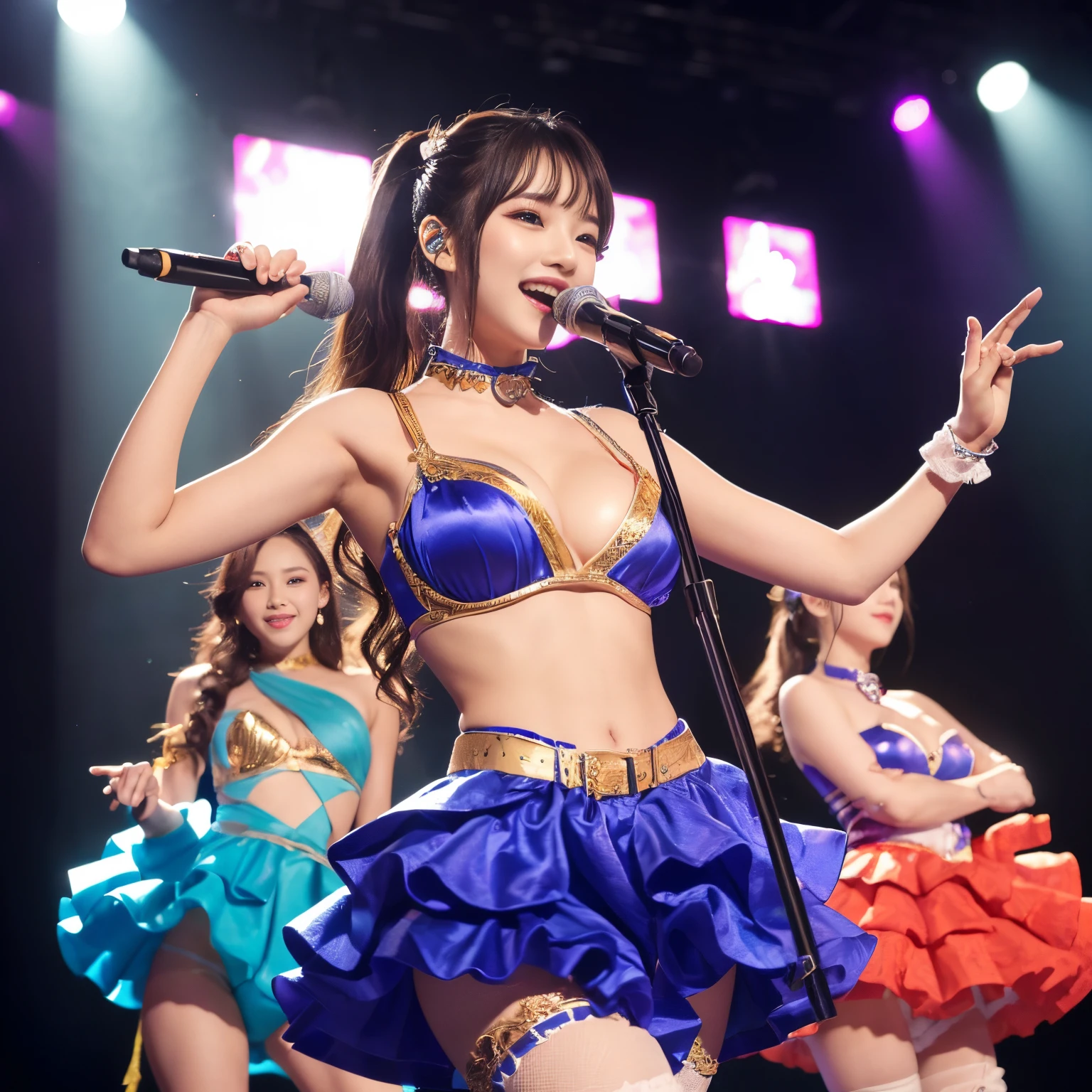 ((Best Quality, masutepiece, 超A high resolution、The most complex and detailed depictions))、Live stage with a large audience、(A very realistic and luxurious stage:1.3)、1 girl in、perfect real idol、large full breasts、long beautiful legs、Biggest smile、Dancing and singing、Holding the microphone in her hand、accurate and perfect microphone、(Gorgeous and cute idol costumes:1.2)、(Cute and luxurious idol costumes with lots of frills:1.2)、(Girly and luxurious idol costumes:1.2)、Colorful and gorgeous light up、stunning light up、(Detailed and realistic full-scale live stage:1.2)、(ultra-fine lighting:1.1)、(Wavy ponytail:1.2)、(precise wave ponytail:1.2)