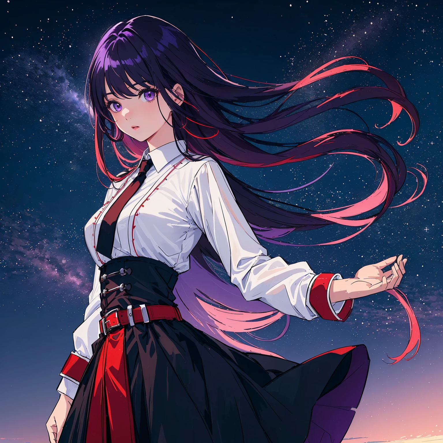 ((tmasterpiece, beste-Qualit)), a 1girl, High, a cute young woman, long purple hair with red undertones, white shirt, gown, black belt with garters, body and face close up, drawn eyes and hands, Beautiful Black Dress, In the background is the night city