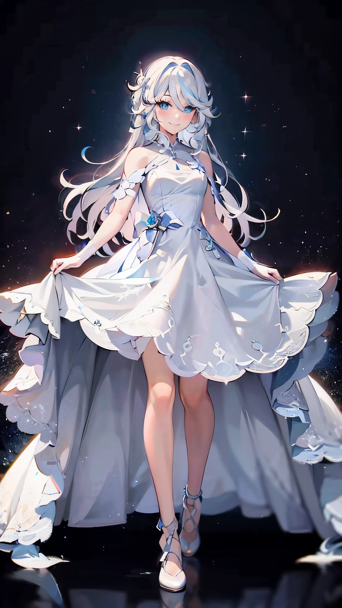 {best quality}, 1girl,full body, {{masterpiece}}, {highres}, {an extremely delicate and beautiful}, original, extremely detailed wallpaper, bare shoulders,bat wings, camera focused on full body or i say her outfit,,a silver white an elegant white dress, fantasy dress, flowing dress, beautiful artist illustration, white dress, white glowing sparkles on her dress, uwu smile, blushed, 8k, masterpiece, high 8k ultra resolution, crisp pixels, hair color is white with blue stripes,  cheeks 😘, 5.5 feet girl