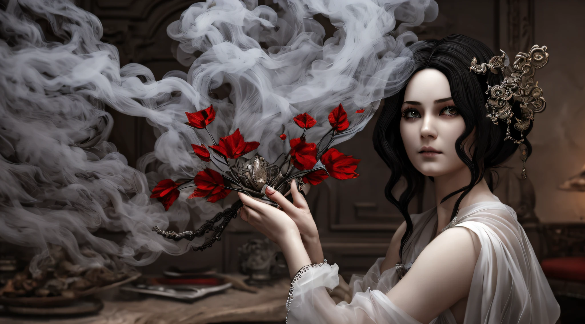 high details, best quality, 16k, RAW, [best detailed], masterpiece, best quality, (extremely detailed), full body, ultra wide shot, photorealistic, dark fantasy art, goth art, RPG art, D&D art, a picture of a dark female fairy showing flowers in a florist shop, extremely beautifil fairy, ultra feminine (intense details, Masterpiece, best quality), best detailed face (intense details, Masterpiece, best quality), having wide butterfly wings, spread buterfly wings (intense details, Masterpiece, best quality), dark colors wings (intense details, Masterpiece, best quality), black hair, long hair, shinning hair, flowing hair, shy smile, innocent smile, blue eyes, dark red lips, wearing red dress, dark dynamic elegant dress, chocker, wearing high heels, in flower shop (intense details, Masterpiece, best quality), extreme many flowers (intense details, Masterpiece, best quality), dark colorful flowers (intense details, Masterpiece, best quality), flower shop in a dark goth era street, model715,  High Detail, Ultra High Quality, High Resolution, 16K Resolution, Ultra HD Pictures, 3D rendering Ultra Realistic, Clear Details, Realistic Detail, Ultra High Definition