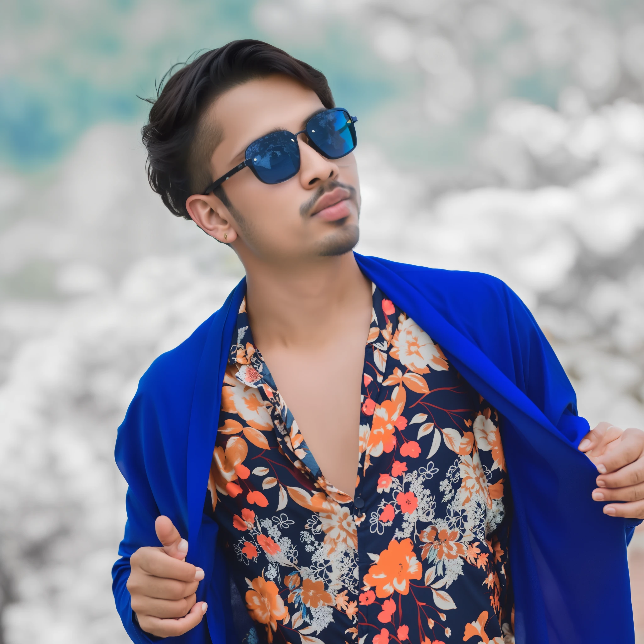 arafed man in a floral shirt and blue jacket with sunglasses, mohamed chahin style, jayison devadas style, assamese aesthetic, modeling shoot, ayan nag, inspired by Bikash Bhattacharjee, * colour splash *, full body photogenic shot, stylish pose, mohamed chahin, jayison devadas, riyahd cassiem