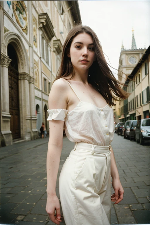 polaroid photo, day photo, photo of 24 y.o beautiful woman, pale skin, bokeh, motion blur, italian, Duomo palce