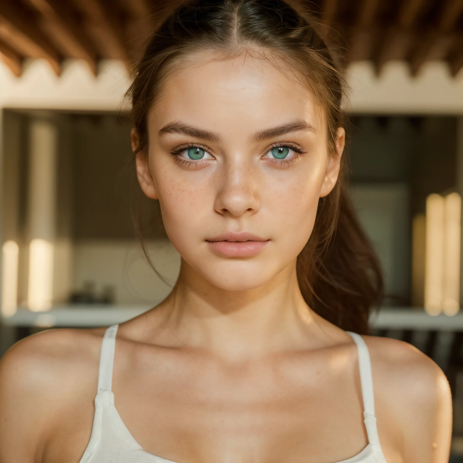 young girl, 20 year old, athletic, beautiful, black hair, big green eyes, subtle makeup, seductive look, pale skin, realistic natural face, sweet face, The details of the image should be of high quality(best quality)), ((masterpiece)), (detailed), perfect face, UHD, 8K, ultrarealistic, photorealistic, as realistic as possible, ultra-detailed, realistic soft lighting, looking straight into camera (staring into camera), photoportrait, no hands visible, neutral face expression, realistic ears, no posing, no jewelry, face only, detailed skin, no freckles, no pimples,