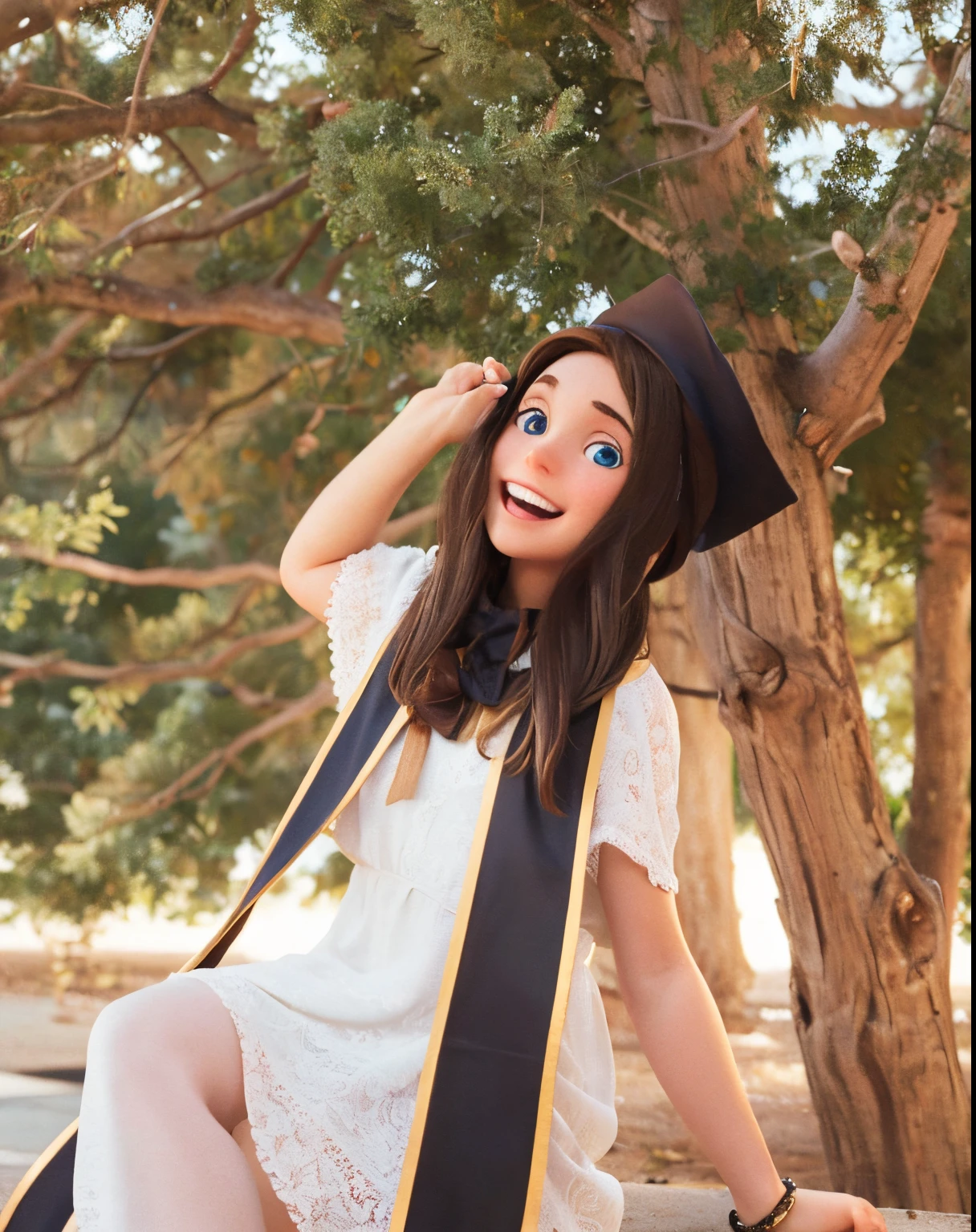 a girl in a brown graduation cap and stole in a white dress with brown hair and blue eyes smiling