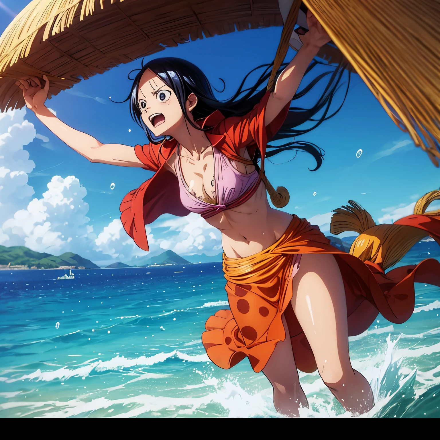 Nico Robin from one piece anime in white skin,sexy bikini,beach,sea,sarong,full body, detailed,