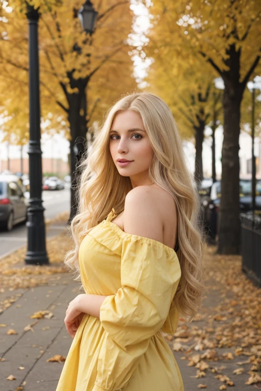 a very beautiful blond woman, 27 years old,wearing autumn dressed, very long wavy blond hair,very good body,masterpiece,yellow leaf,outside,street,view,flirty, photograpy,best quality, ultra high resolution,original photo,pastel colors,ultra high image quality