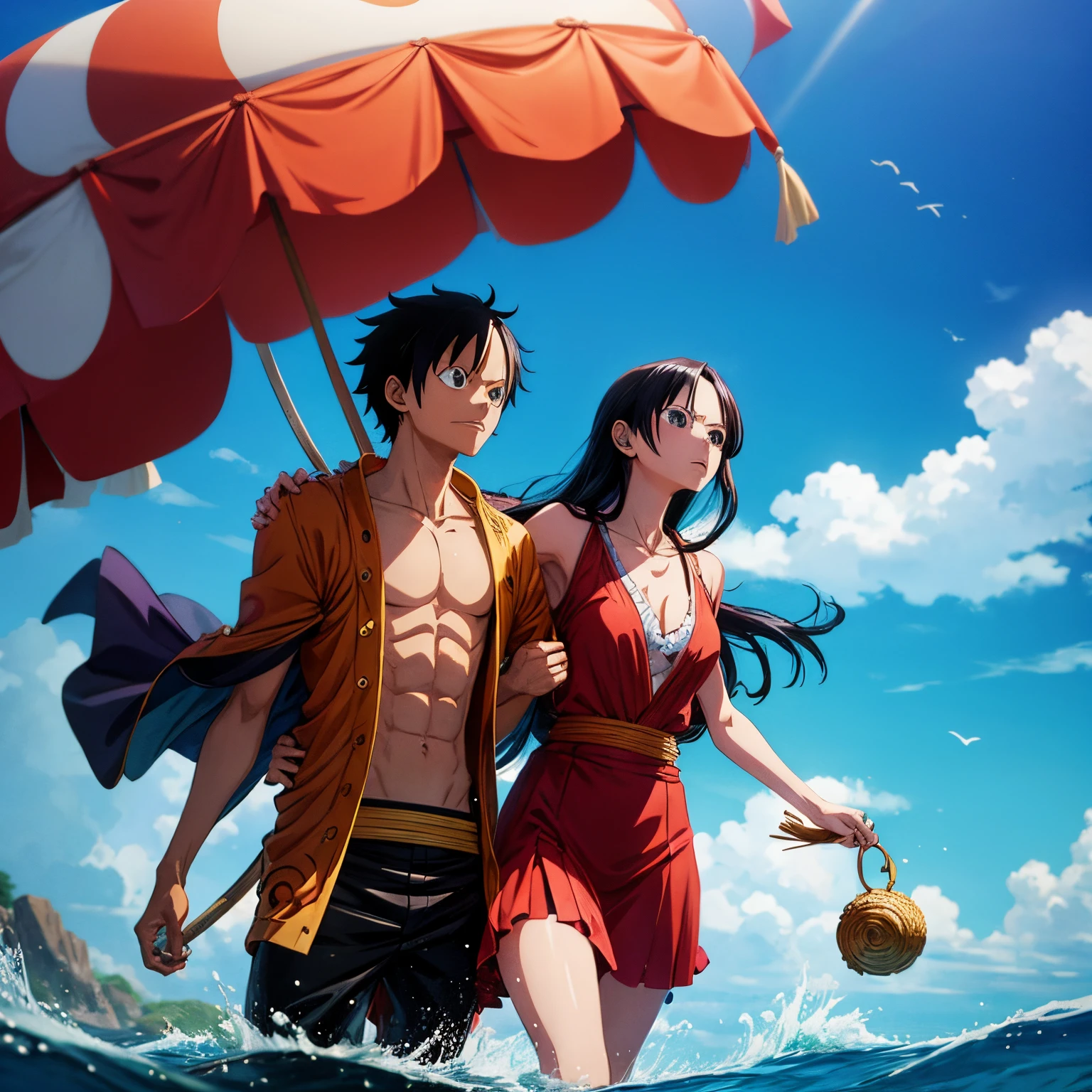 anime onepiece, of a man Monkey D Luffy carrying a woman Boa Hancock in the water, anime film still, by Hiromu Arakawa, today's featured anime still, saitama, screenshot from the anime film, in the ocean, anime still frame, [ floating ]!!