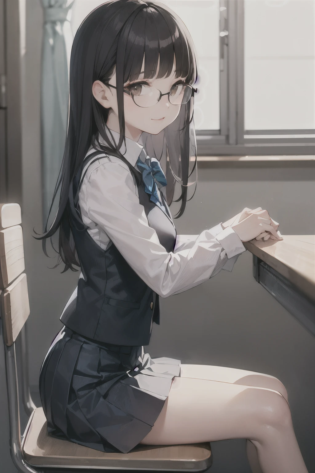 solo girl, sitting, from side, looking at viewer, 20 years old, black hair, hime cut, blunt bangs, brown eyes, glasses, medium breasts, happy, long sleeves shirt, vest, pleated skirt, bowtie, dark blue clothes, indoors, school, Best Quality, High resolution, Extremely detailed, Detailed background, Perfect Lighting