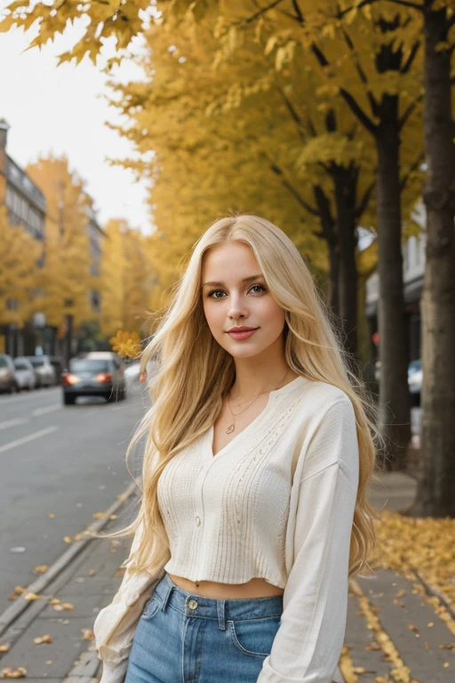 a very beautiful blond woman, 27 years old,wearing autumn dressed, very long wavy blond hair,very good body, sunny day,yellow leaf,outside,street,view,flirty, photograpy,best quality, ultra high resolution,original photo,pastel colors,ultra high image quality