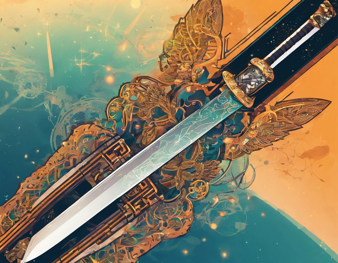 An exquisite and ornate katana, sun background