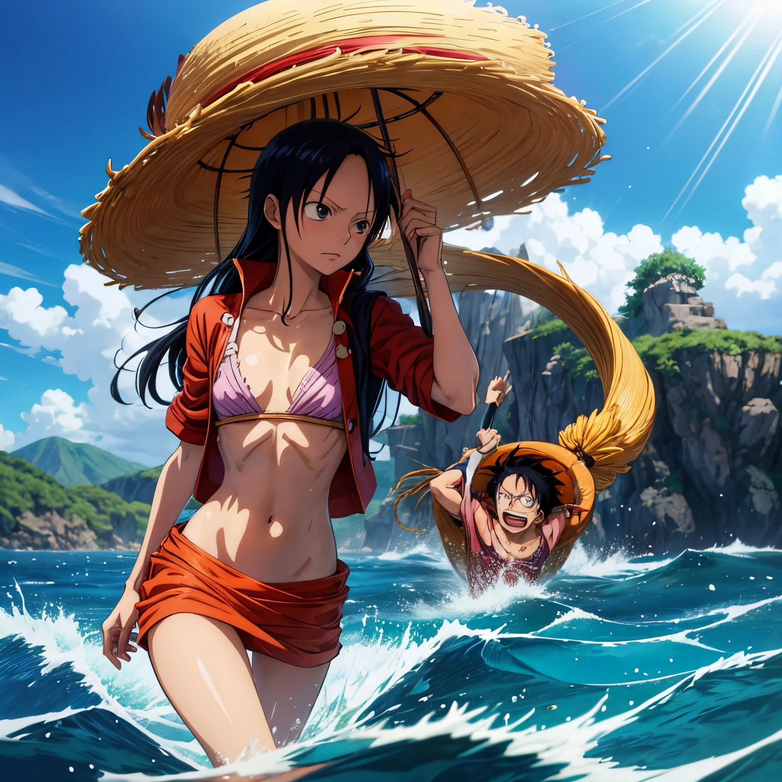anime onepiece, of a man Monkey D Luffy carrying a woman Boa Hancock in the water, anime film still, by Hiromu Arakawa, today's featured anime still, saitama, screenshot from the anime film, in the ocean, anime still frame, [ floating ]!!