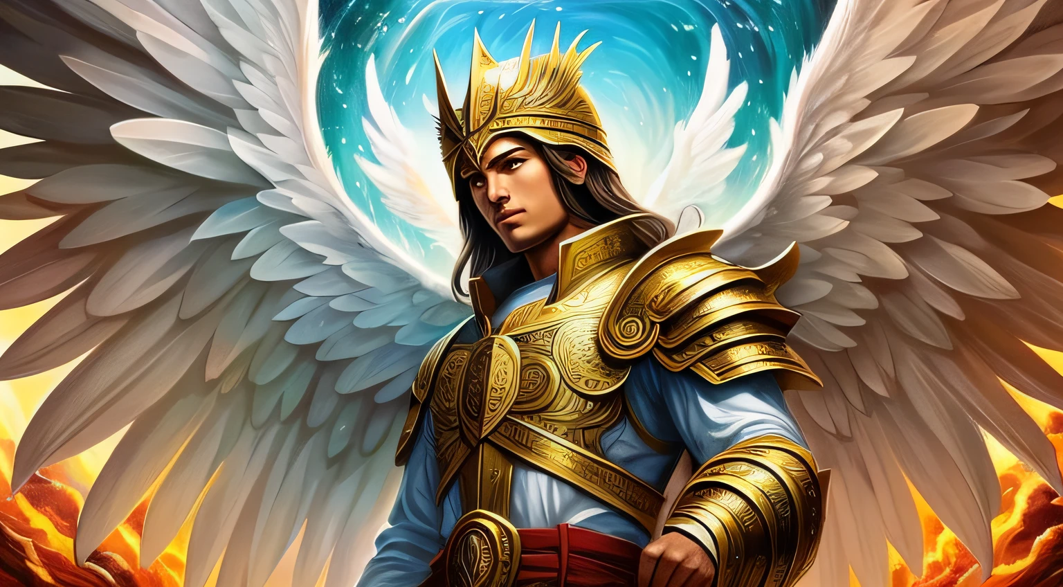 a closeup of painting of a man archangel, with wings and a book in his hands, archangel uriel,archangel michael, archangel, st. michael the angel, biblically heavenly angel, precise biblical angel, totalitarian socialist angel, inspired by God, biblically accurate angels, full of angel paintings, god art concept, uriel angel, large white wings,  with green, red and white clothes, warrior of God, angel of money and gold, angel man looking at the horizon, heavenly armor --auto --s2