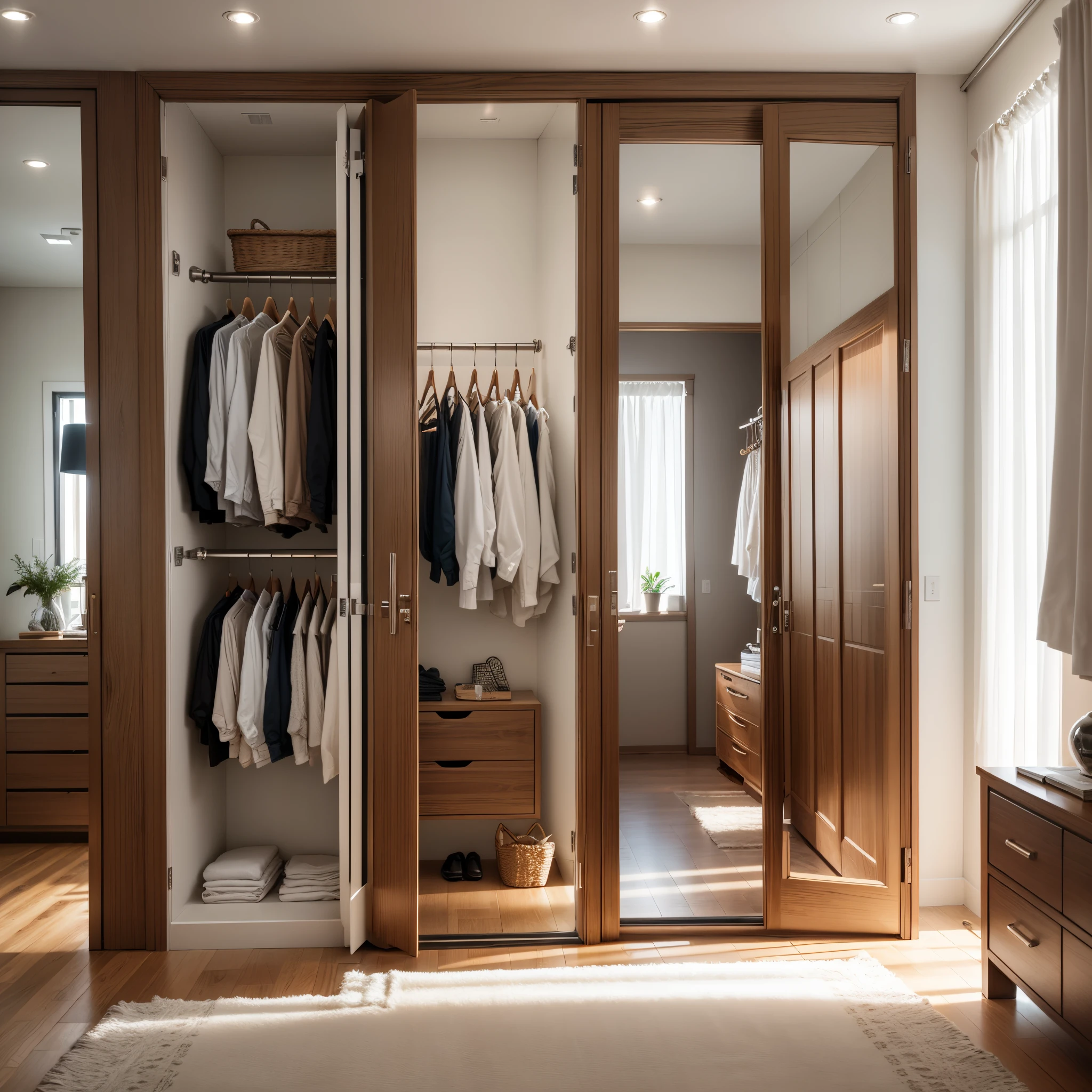 dressing room, internal lights , glass closet door at right , Divided wardrobe at lift for Stacked clothes , wooden --auto --s2