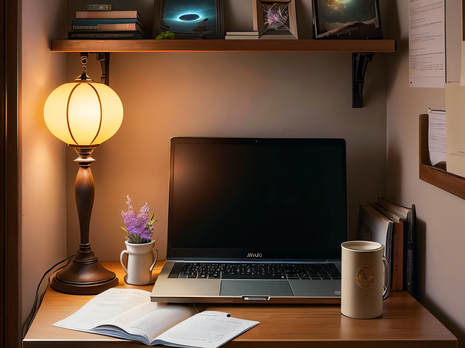 I want a photo, the angle of the camera is from under the book, while the book is on a computer table, the space is dark, and there are 2 LCDs on the table, and a string of lilac lamps passes behind the 2 LCDs, as well as a shelf of story books.