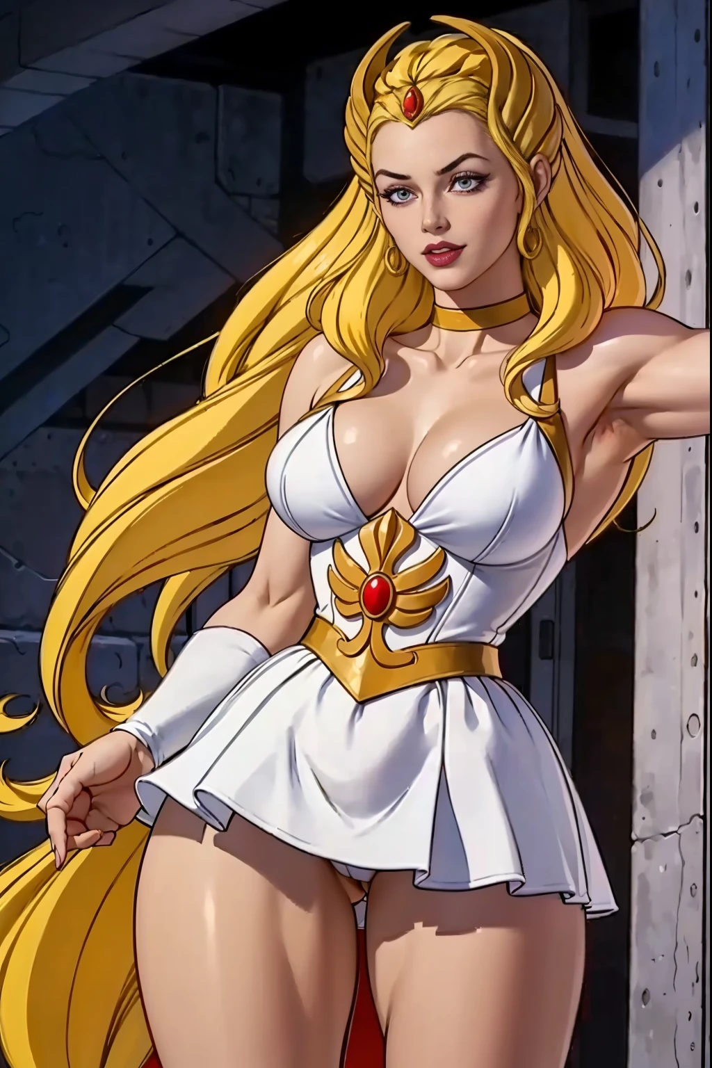 detailed photo of 1girl,
blonde, white dress, choker, she_ra, 
Dynamic pose,
smug smile,

tall , (muscular body:1.3), (femenine hands:1.3),

skindentation, narrow waist, thighs,, eyeliner, eyelashes, perfect face, detailed eyes, facial lighting, cleavage, sexy

looking at viewer (masterpiece, high quality:1.2)