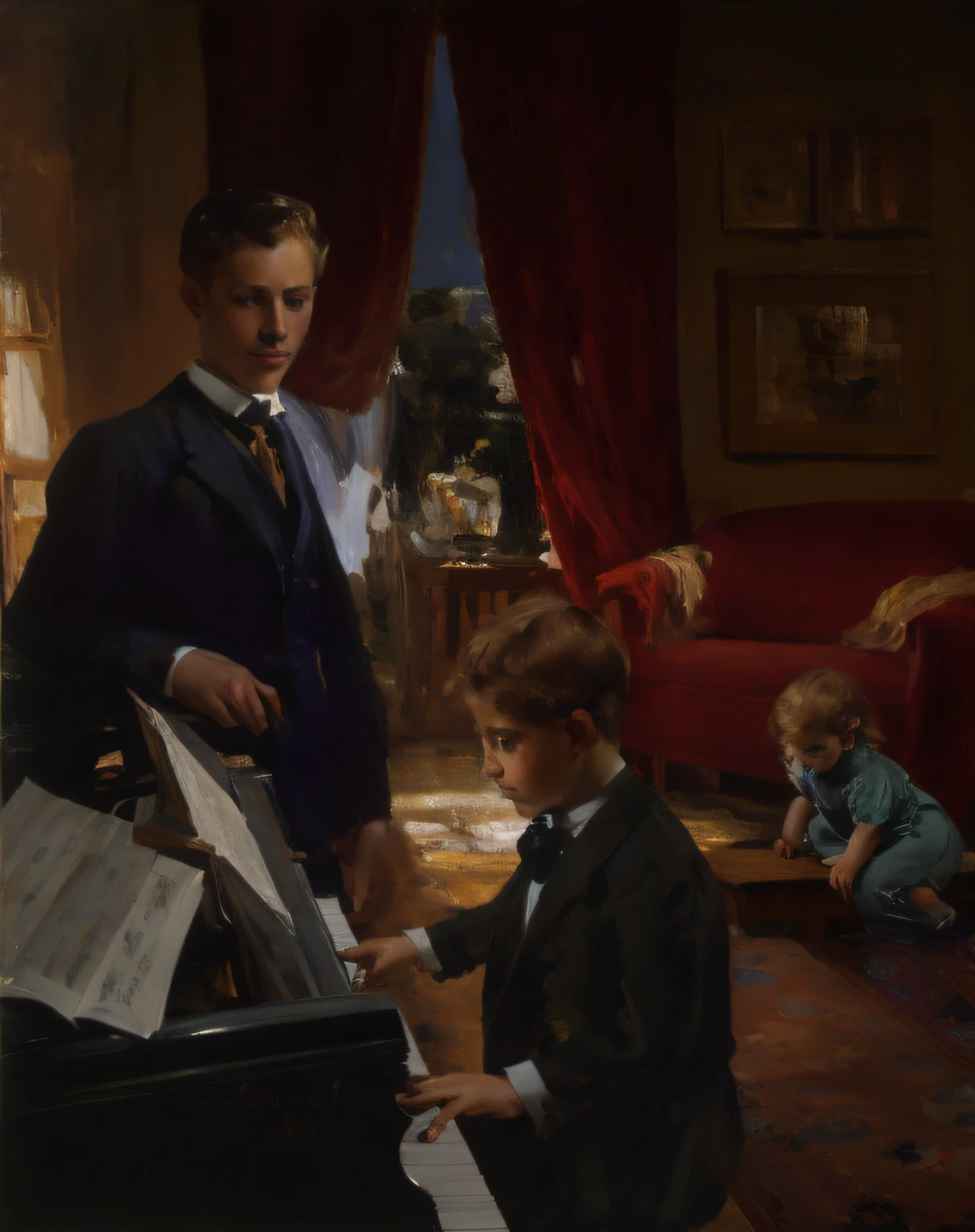 (masterpiece), A boy plays piano, A happy brown-haired caucasian 40-year-old male music teacher standing and watching a teenage brown-haired boy play piano in a 1915 Manhattan apartment while a 2-year blongirl plays on a Persian rug on the floor, dramatic rim lighting, ultra-high resolution, full-length body, an unsurpassed masterpiece, a perfect work of art, realistic painting, oil paint, the best quality, High background detail, painterly drawing, Rows of benches, Low contrast, extremely detailed face, (ideal face: 1.5), Essence, Softness of light, candles, art by Vasily Pukirev and John Singer Sargent and Gustave Courbet and Ilya Repin