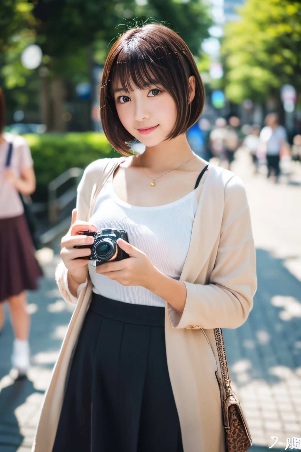 1 girl, Realistic young idol, young gravure idol, young pretty idol, Japanese model, Beautiful Asian girl, short hair with bangs, bob cut, masterpiece, 8K, average Japanese, average Japanese, ,Camera girl, with a single-lens reflex camera, shooting in the city,