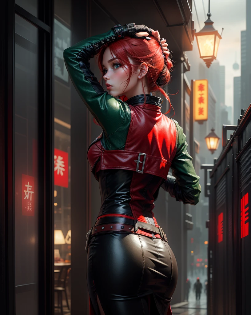 a young girl with big green eyes, red hair, a leather suit, in the style of the assassin's creed, Hong Kong at night in the background, rain, white and red, pixelated realism, detailed character expressions, dark cyan and red, fairycore