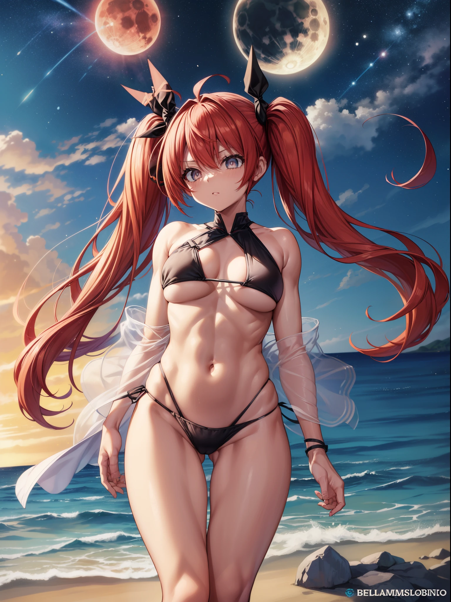 Kotoriitsuka, Kotori Itsuka, cabelos longos, (((olhos vermelhos:1.5))), red hair, Ahoge, (peito achatado:1.2), ((twintails)))(, fita de cabelo, fita preta, olhando para o espectador, beach scenery with starry sky and full moon in the sky, middle boobs, coxas musculosa, barriga musculosa, quadris largo, cintura fina, standing on her feet, barefoot, foto de corpo inteiro, (master part:1.2), best quality, high resolution, Unity 8k papel de parede, (illustration:0.8), (belos olhos detalhados:1.6), Rosto extremamente detalhado, perfect lighting, CG extremamente detalhado, (perfect hands, anatomia perfeita),