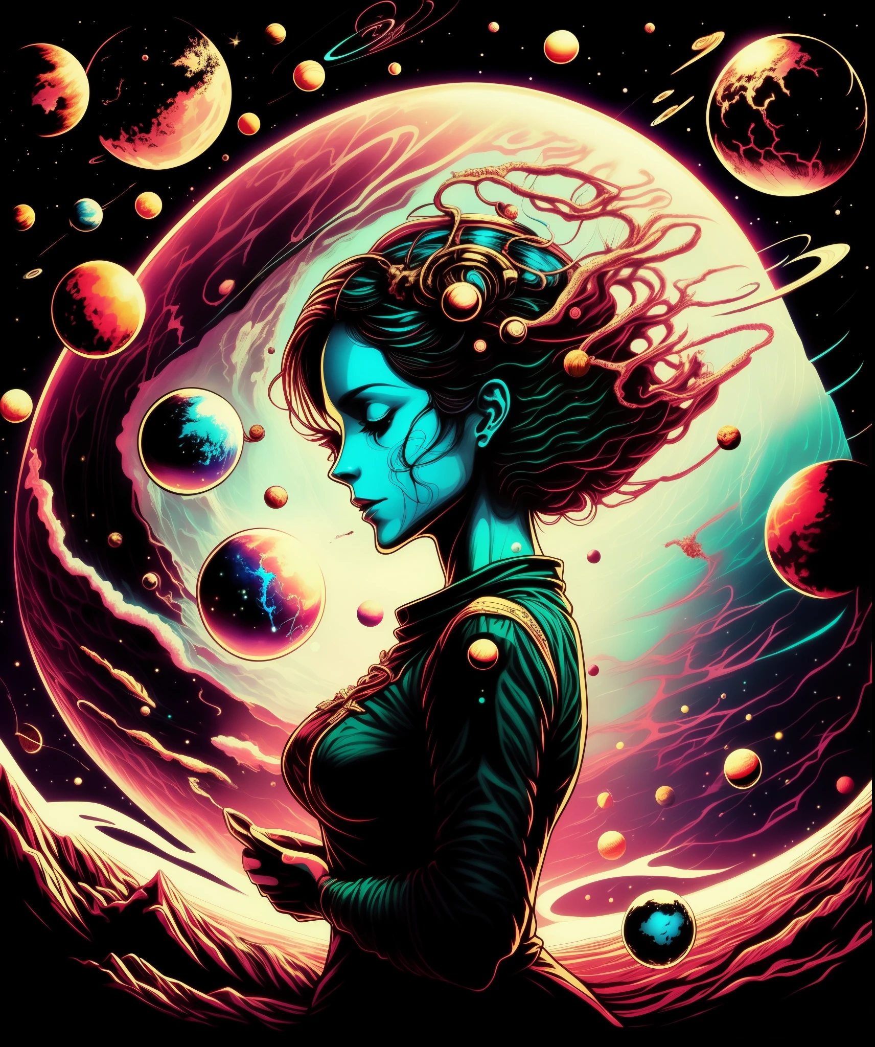 Woman juggles planets in space
neurographics Draw