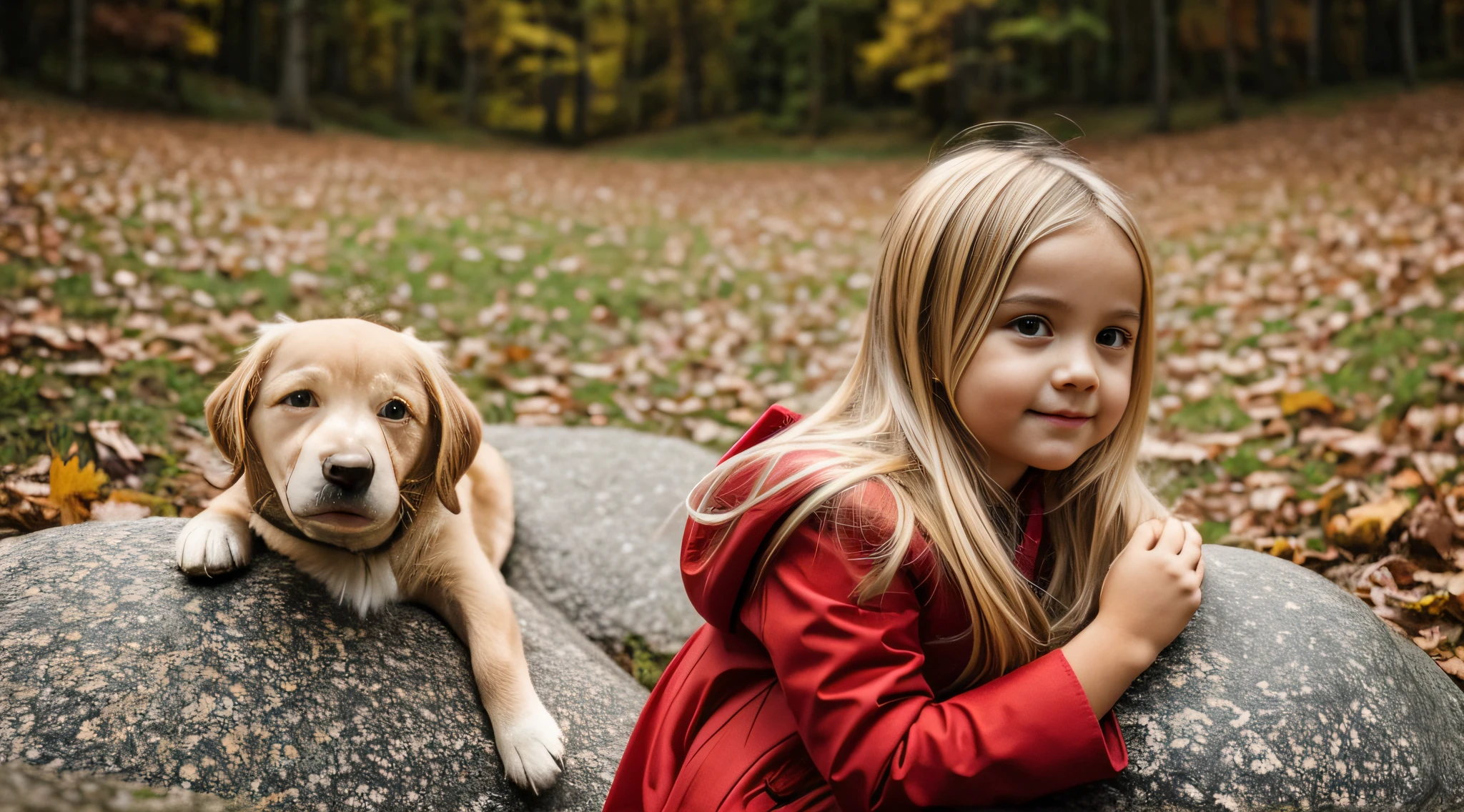 girl BLONDE CHILD LONG HAIR, in red coat hugging a dog on a rock, 🍁 fofo, CLOSE UP, arte tradicional, cute and adorable, Filhotes vermelhos, lindo bonito, 🍂 fofo, lovely and cute, bonito bonito, lindo e bonito, retrato de alta qualidade, arte realista, jovem e bonito,