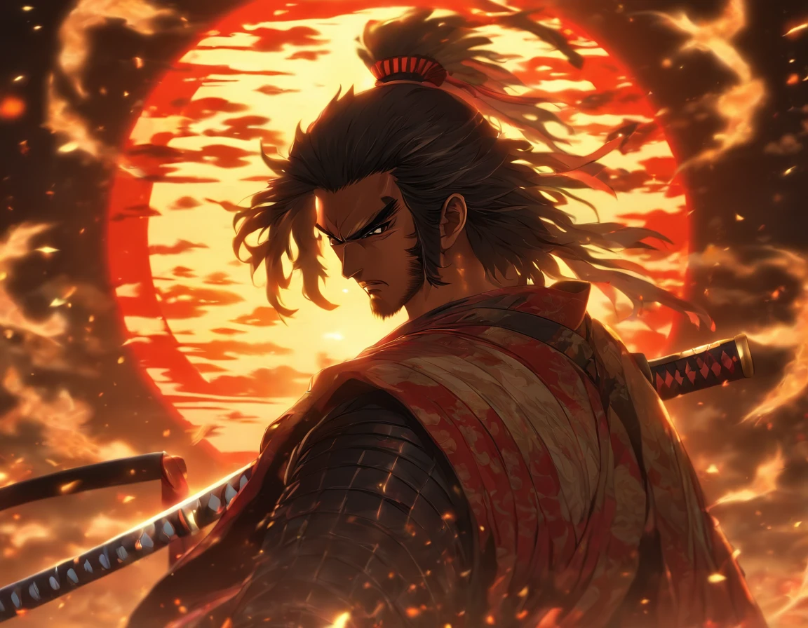 An exquisite and ornate katana, sun background